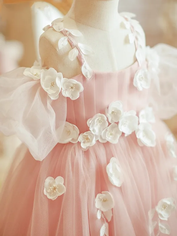 Flower Fairy Blushing Pink Appliques Birthday Flower Girl Dresses 2024 Ball Gown Spaghetti Straps Short Sleeve Backless Floor-Length / Long Tulle