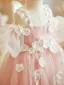 Flower Fairy Blushing Pink Appliques Birthday Flower Girl Dresses 2024 Ball Gown Spaghetti Straps Short Sleeve Backless Floor-Length / Long Tulle