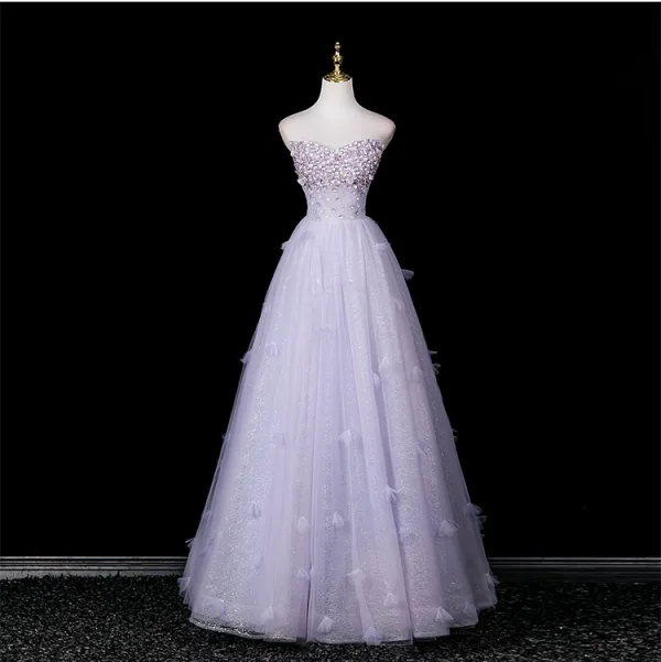Chic / Beautiful Lavender Appliques Rhinestone Prom Dresses 2025 A-Line / Princess Strapless Sleeveless Backless Floor-Length / Long Formal Dresses