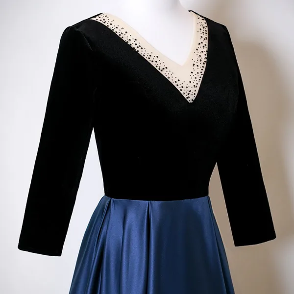 Vintage / Retro Navy Blue Rhinestone Satin Prom Dresses 2025 A-Line / Princess V-Neck Long Sleeve Backless Floor-Length / Long Formal Dresses