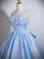 Elegant Sky Blue Satin Prom Dresses 2026 Ball Gown Strapless Sleeveless Backless Bow Floor-Length / Long Formal Dresses