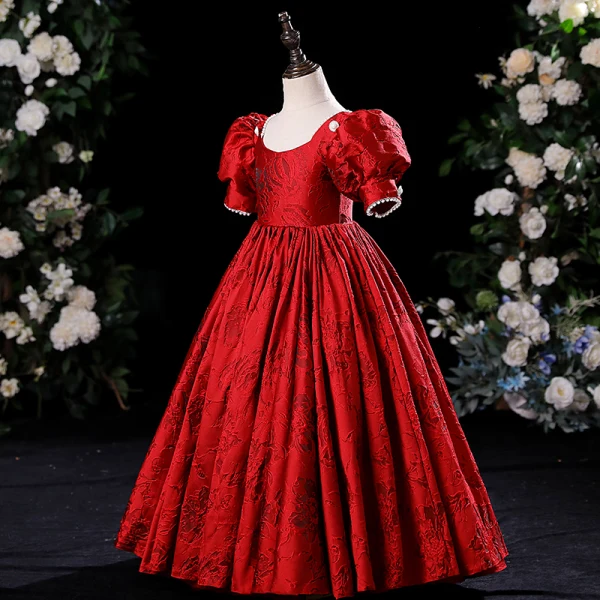 Chic / Belle Rouge Impression Anniversaire Robe Ceremonie Fille 2024 Princesse Encolure Dégagée Gonflée Perle Manches Courtes Longue