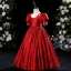 Chic / Belle Rouge Impression Anniversaire Robe Ceremonie Fille 2024 Princesse Encolure Dégagée Gonflée Perle Manches Courtes Longue