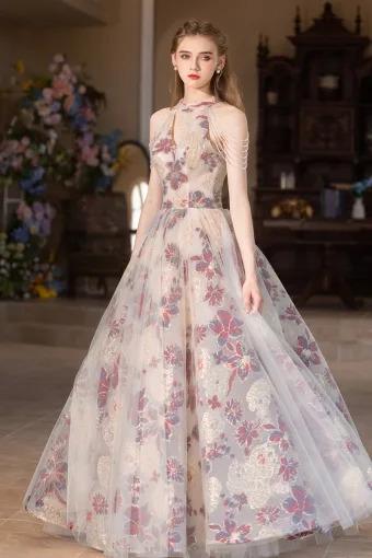 Chic Belle Multi Couleurs Impression Perlage Paillettes Robe De Bal 2024 Princesse Encolure Dégagée Sans Manches Dos Nu Longue Promo Robe De Ceremonie