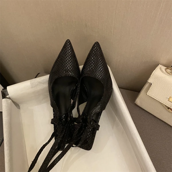 Charmant Beige Cocktail Motif Peau De Serpent Sandales Femme 2022 Bride Cheville 8 cm Talons Aiguilles À Bout Pointu Chaussures Femmes Talons Hauts