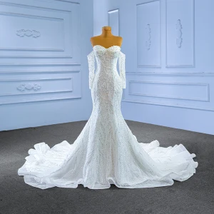Sexy High Low White Beading Pearl Sequins Wedding Dresses 2023 Trumpet Mermaid Off The Shoulder Long Sleeve Backless Chapel Train Wedding