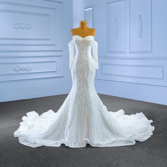 Sexy High Low White Beading Pearl Sequins Wedding Dresses 2023 Trumpet Mermaid Off The Shoulder Long Sleeve Backless Chapel Train Wedding