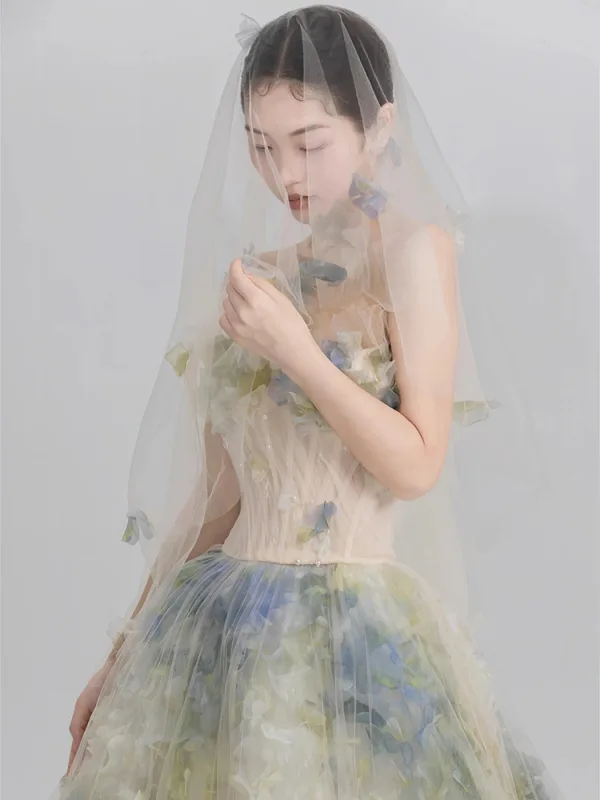Fashion Flower Fairy Sage Green Appliques Prom Dresses 2024 A-Line / Princess Strapless Sleeveless Backless Sweep Train Prom Formal Dresses