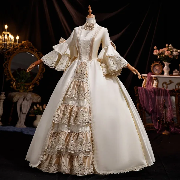 Medieval Vintage / Retro Champagne Lace Flower Sequins Bow Prom Dresses 2025 Ball Gown High Neck Bell sleeves Floor-Length / Long Prom Formal Dresses