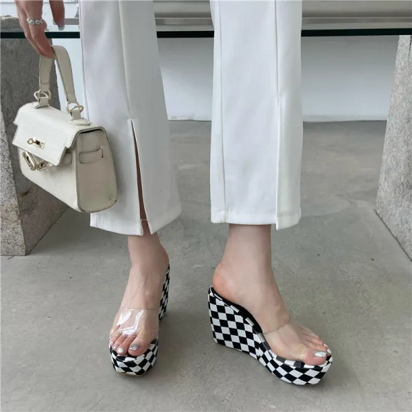 Fashion Black Summer Street Wear Plaid Womens Sandals 2022 11 cm Wedges Open / Peep Toe Sandals High Heels