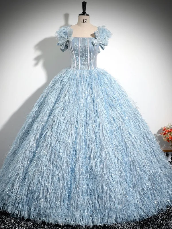 Fashion Sky Blue Bow Tassel Prom Dresses 2024 Ball Gown Square Neckline Short Sleeve Backless Floor-Length / Long Prom Formal Dresses