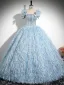 Fashion Sky Blue Bow Tassel Prom Dresses 2024 Ball Gown Square Neckline Short Sleeve Backless Floor-Length / Long Prom Formal Dresses