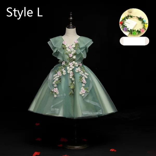 Flower Fairy Sage Green Appliques Lace Flower Birthday Flower Girl Dresses 2024 Ball Gown V-Neck Bell sleeves Court Train Flower Girl Dresses
