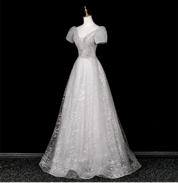 Bling Bling Gris Paillettes Faux Diamant Robe De Bal 2025 Princesse V-Cou Manches Courtes Dos Nu Longue Robe De Ceremonie