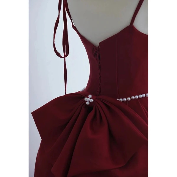 Charming Burgundy Evening Dresses 2023 A-Line / Princess Spaghetti Straps Sleeveless Backless Bow Pearl Sash Floor-Length / Long Evening Party Formal Dresses