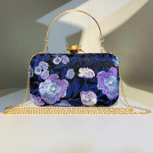 Chic Beautiful Navy Blue Pearl Lace Flower Outdoor Garden Clutch Bags 2023