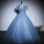 Elegant Sky Blue Beading Sequins Prom Dresses 2023 Ball Gown V-Neck Short Sleeve Backless Floor-Length / Long Prom Formal Dresses