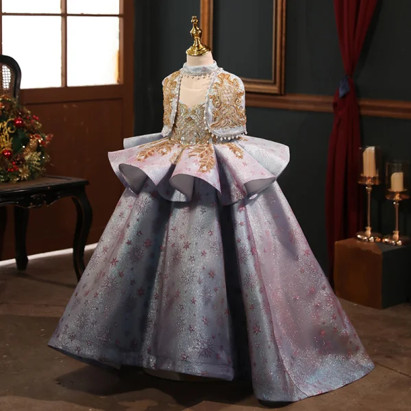Elegant Purple Pearl Sequins Birthday Flower Girl Dresses 2022 Ball Gown Scoop Neck Cascading Ruffles Short Sleeve Floor-Length / Long Flower Girl Dresses