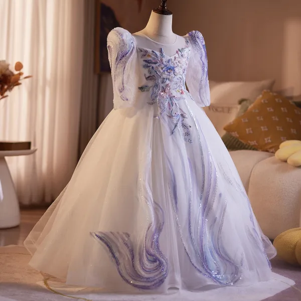 Chic / Belle Lavande Perlage En Dentelle Fleur Anniversaire Robe Ceremonie Fille 2025 Robe Boule Encolure Dégagée 3/4 Manches Dos Nu Longue Tulle
