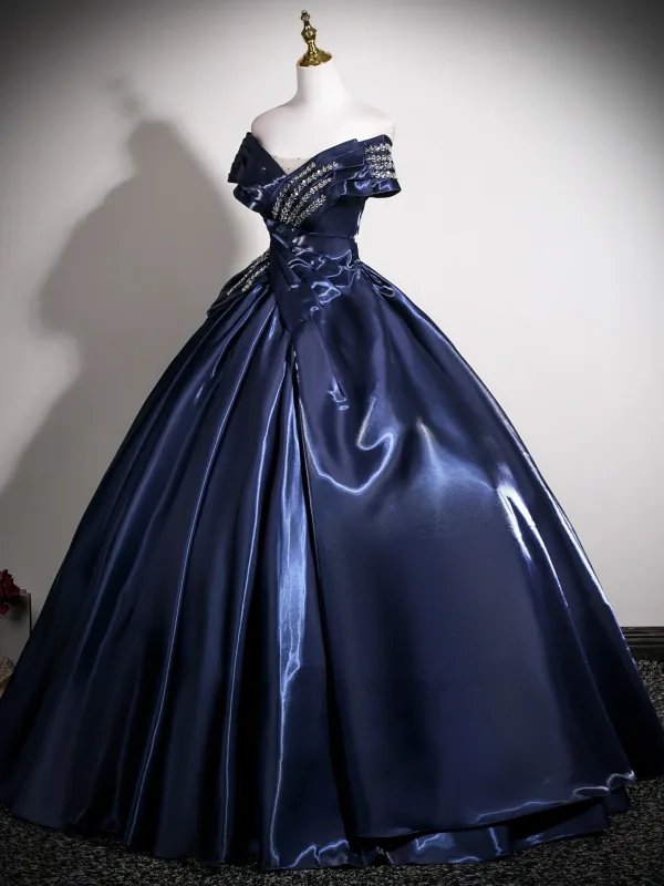 Vintage / Retro Navy Blue Beading Prom Dresses 2025 Ball Gown Off-The-Shoulder Sleeveless Backless Floor-Length / Long Formal Dresses