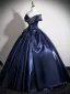 Vintage / Retro Navy Blue Beading Prom Dresses 2025 Ball Gown Off-The-Shoulder Sleeveless Backless Floor-Length / Long Formal Dresses
