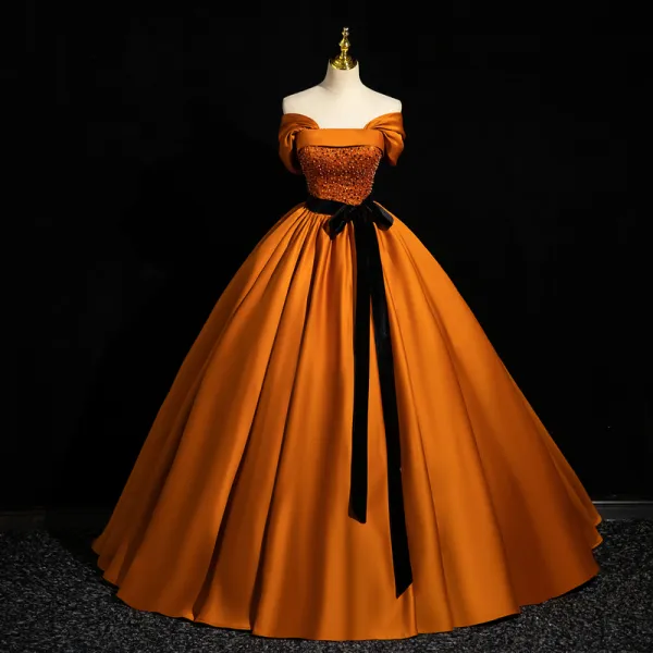 Elegant Orange Beading Sequins Satin Prom Dresses 2023 Ball Gown Off-The-Shoulder Sleeveless Backless Bow Sash Floor-Length / Long Formal Dresses
