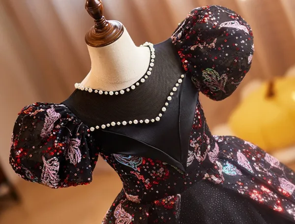 Vintage / Retro Black Pearl Sequins Birthday Flower Girl Dresses 2025 Ball Gown Scoop Neck Puffy Short Sleeve Backless Floor-Length / Long Tulle