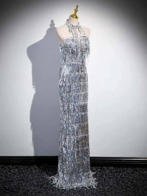 Scintillantes Sexy Argenté Paillettes Gland Robe De Soirée 2024 Trompette / Sirène Col Haut Sans Manches Dos Nu Longue Soirée Robe De Ceremonie