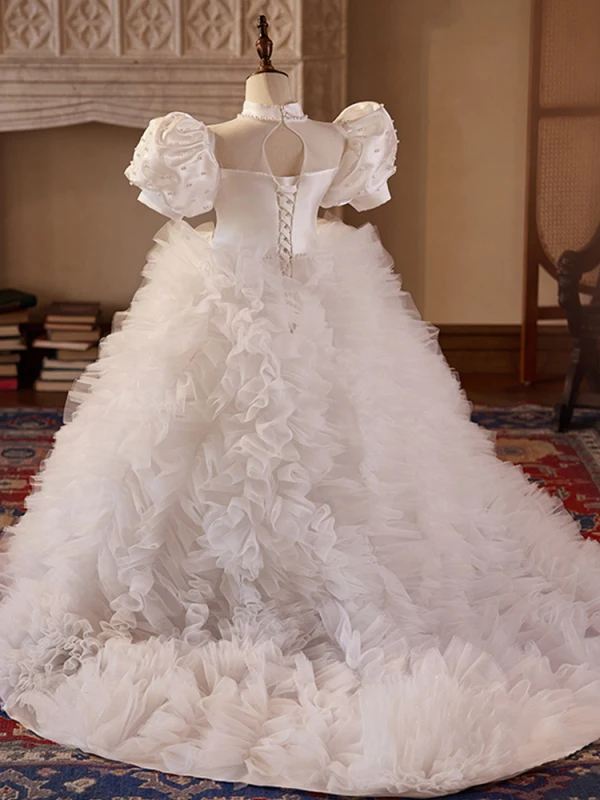 Elegant White Pearl Cascading Ruffles Wedding Flower Girl Dresses 2024 Ball Gown High Neck Puffy Short Sleeve Backless Sweep Train