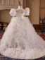 Elegant White Pearl Cascading Ruffles Wedding Flower Girl Dresses 2024 Ball Gown High Neck Puffy Short Sleeve Backless Sweep Train