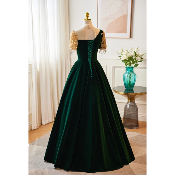 Vintage / Retro Dark Green Velvet Beading Rhinestone Tassel Prom Dresses 2023 A-Line / Princess High Neck Short Sleeve Backless Floor-Length / Long Formal Dresses