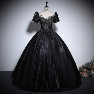 Élégant Noire Perlage Paillettes Robe De Bal Robe Boule 2024 Encolure Dégagée Gonflée Manches Courtes Dos Nu Longue Promo Robe De Ceremonie
