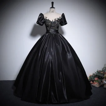 Elegant Black Beading Sequins Prom Dresses Ball Gown 2024 Scoop Neck Puffy Short Sleeve Backless Floor Length Long Prom Formal Dresses