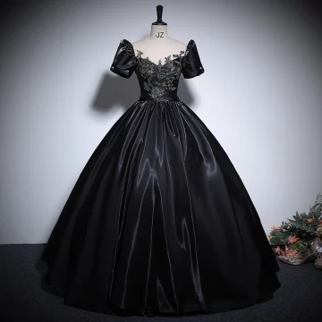 Élégant Noire Perlage Paillettes Robe De Bal Robe Boule 2024 Encolure Dégagée Gonflée Manches Courtes Dos Nu Longue Promo Robe De Ceremonie