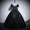 Elegant Black Beading Sequins Prom Dresses Ball Gown 2024 Scoop Neck Puffy Short Sleeve Backless Floor-Length / Long Prom Formal Dresses