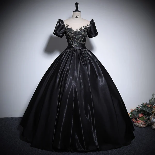 Vintage / Retro Dark Green Beading Lace Flower Prom Dresses 2024 Ball Gown Scoop Neck Puffy Short Sleeve Backless Floor-Length / Long Prom Formal Dresses