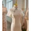 Chinese style Beige Lace Flower Tea-length Cheongsam 2024 High Neck Trumpet / Mermaid Short Sleeve