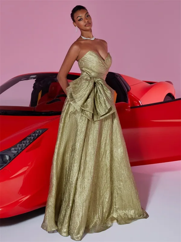 Sexy Gold Prom Dresses 2025 A-Line Princess Strapless Bow Sleeveless Backless Long