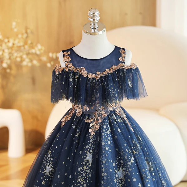 Charming Navy Blue Beading Sequins Birthday Flower Girl Dresses 2023 Ball Gown Scoop Neck Short Sleeve Floor-Length / Long Flower Girl Dresses
