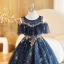 Charming Navy Blue Beading Sequins Birthday Flower Girl Dresses 2023 Ball Gown Scoop Neck Short Sleeve Floor-Length / Long Flower Girl Dresses
