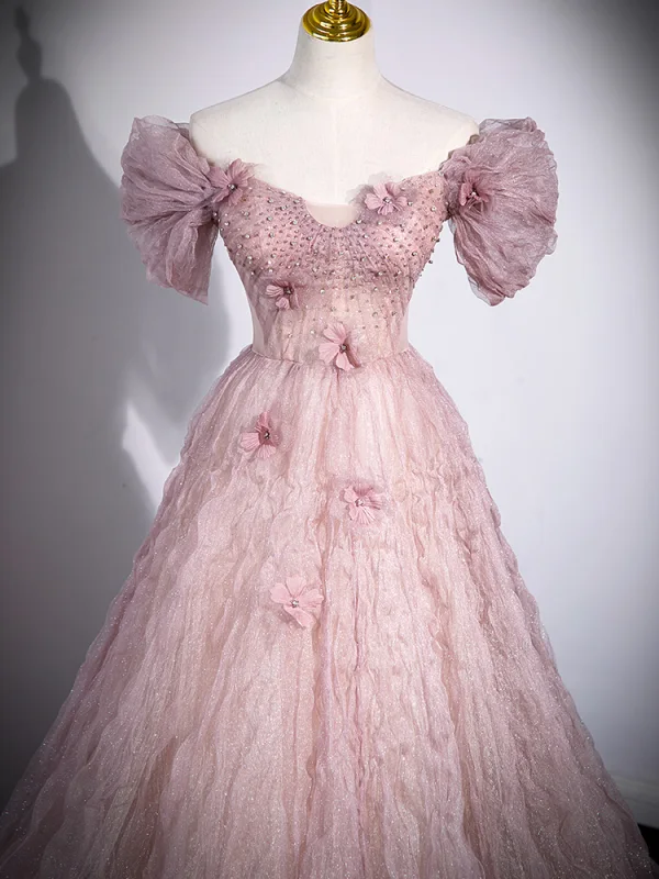 Chic / Belle Rougissant Rose Glitter Paillettes Robe De Bal 2023 Princesse De l'épaule Faux Diamant Appliques Manches Courtes Dos Nu Longue Promo Robe De Ceremonie