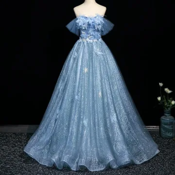 Charming Sky Blue Glitter Sequins Appliques Prom Dresses 2025 A Line Princess Off The Shoulder Short Sleeve Backless Floor Length Long Formal Dresses
