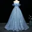 Charmant Bleu Ciel Glitter Paillettes Appliques Robe De Bal 2025 Princesse De l'épaule Manches Courtes Dos Nu Longue Robe De Ceremonie