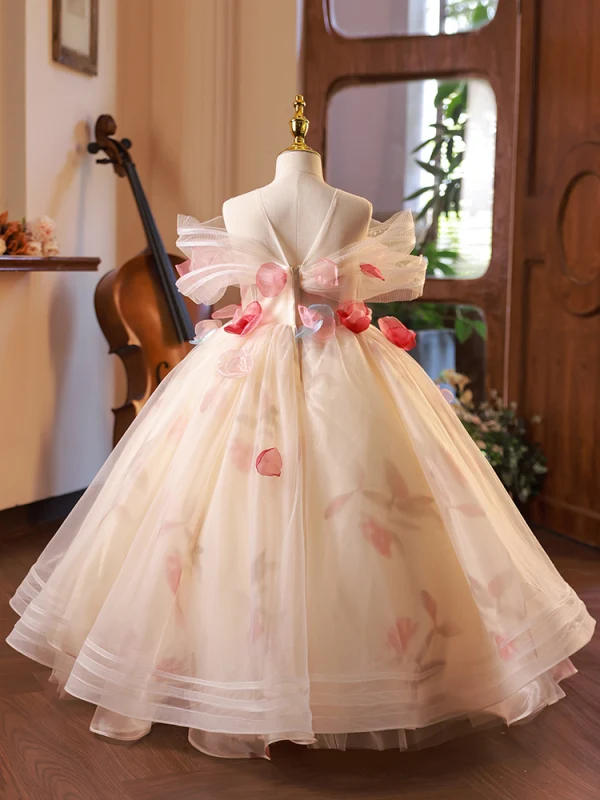 Elegant Champagne Appliques Birthday Flower Girl Dresses 2023 Ball Gown Off-The-Shoulder Short Sleeve Backless Floor-Length / Long