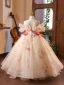 Elegant Champagne Appliques Birthday Flower Girl Dresses 2023 Ball Gown Off-The-Shoulder Short Sleeve Backless Floor-Length / Long