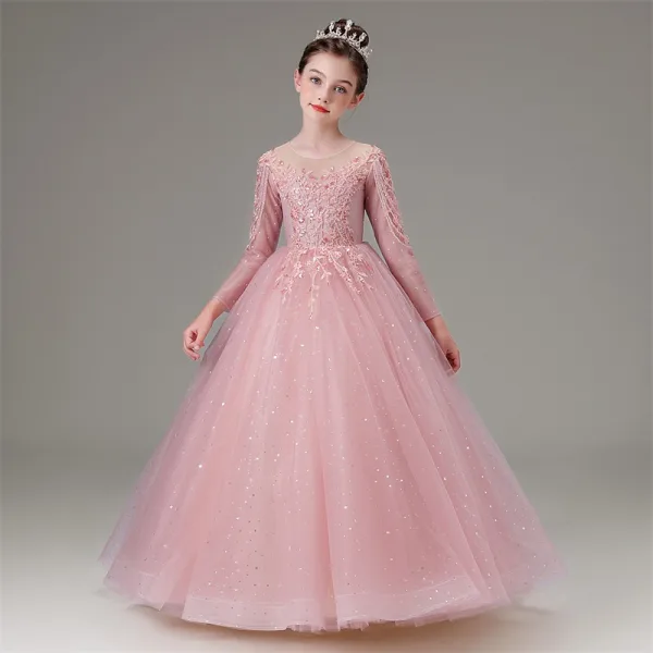Elegant Candy Pink Beading Sequins Rhinestone Lace Flower Birthday Flower Girl Dresses 2025 Ball Gown Scoop Neck 3/4 Sleeve Floor-Length / Long