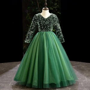 Vintage Retro Green Sequins Birthday Flower Girl Dresses 2024 Ball Gown V Neck Long Sleeve Floor Length Long