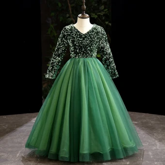 Vintage Retro Green Sequins Birthday Flower Girl Dresses 2024 Ball Gown V Neck Long Sleeve Floor Length Long