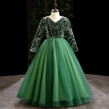 Vintage Retro Green Sequins Birthday Flower Girl Dresses 2024 Ball Gown V Neck Long Sleeve Floor Length Long