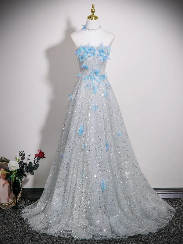 Charmant Silber Schmetterling Strass Pailletten Ballkleider 2025 A Linie Off Shoulder Ärmellos Rückenfreies Sweep / Pinsel Zug Festliche Kleider